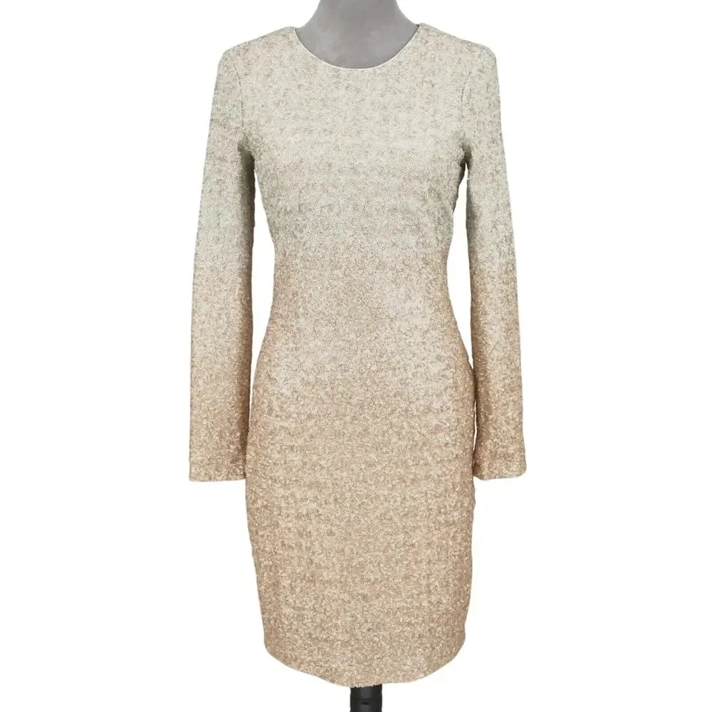 Belle Badgley Mischka Dress Womens 6 Ivory Gold Ombre Sequins Zip Lined New
